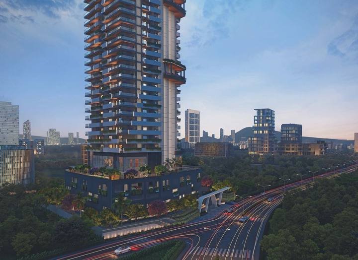 AVR Evania tower and podium at dusk beside the Outer Ring Road, Kokapet