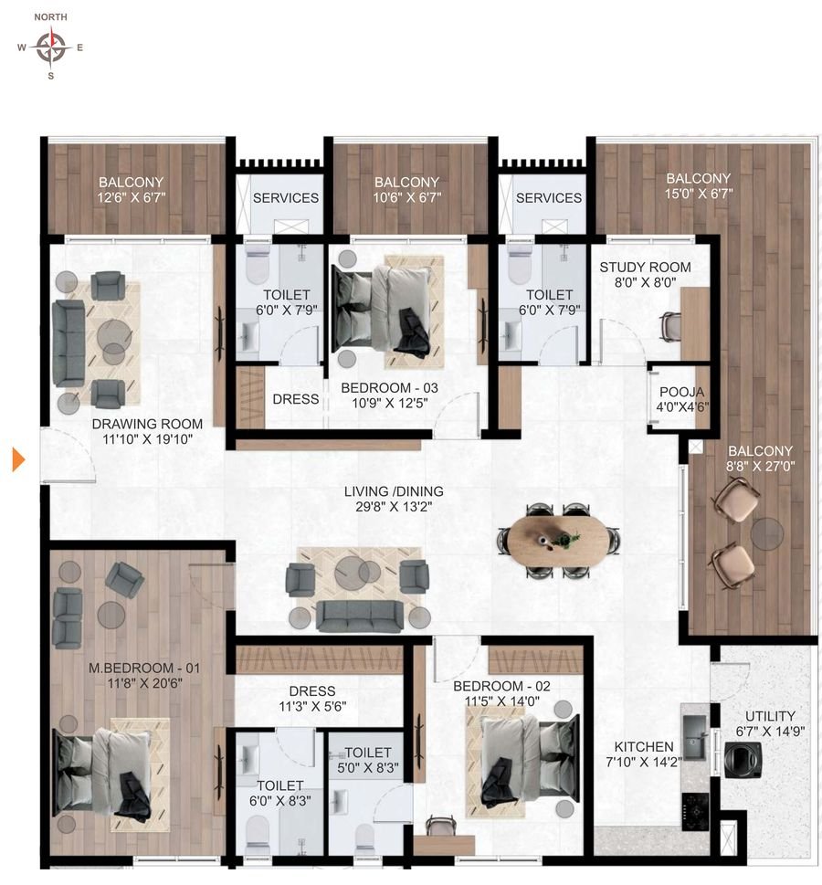 AVR Evania Unit 3 floor plan, 3,315 sq.ft 3 BHK + study West facing, Kokapet