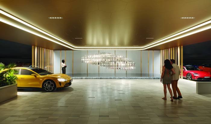 The basement arrival lobby at Cinq by Raghava, where car access stops