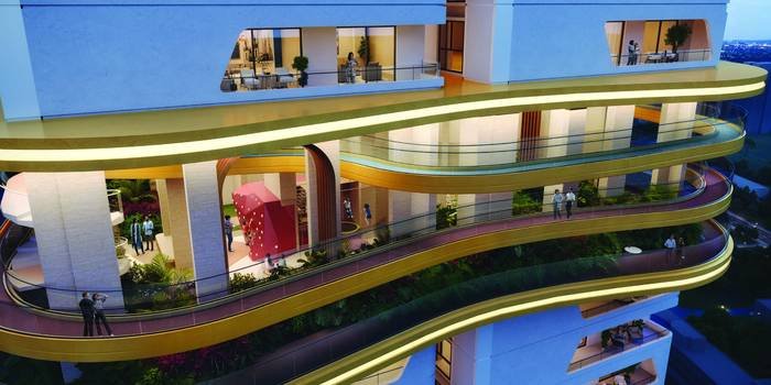 The Oasis amenity deck curving between the towers at Cinq by Raghava