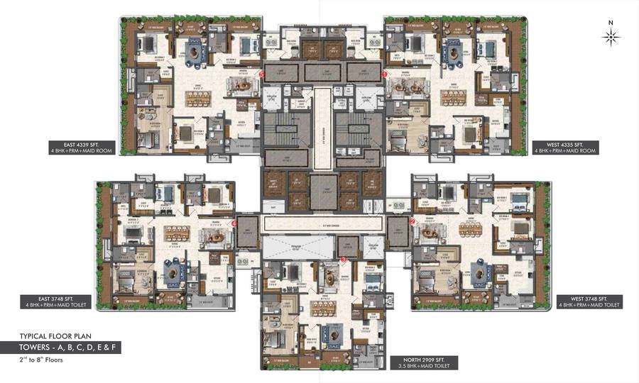 Typical floor plan for floors 2 to 8 at Fortune Suraj Bhan Grandé with larger east and west corner apartments