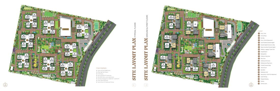 Site layout plan of My Home Nishada at Kokapet, showing the eight towers around the central lawn, the clubhouse, the arrival plaza and the sports facilities