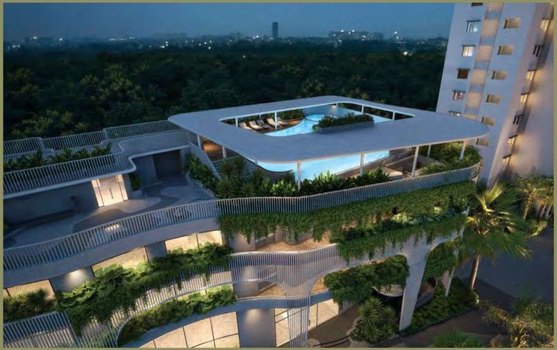 The Myscape Palma clubhouse at dusk, showing the rooftop swimming pool and planted terraces