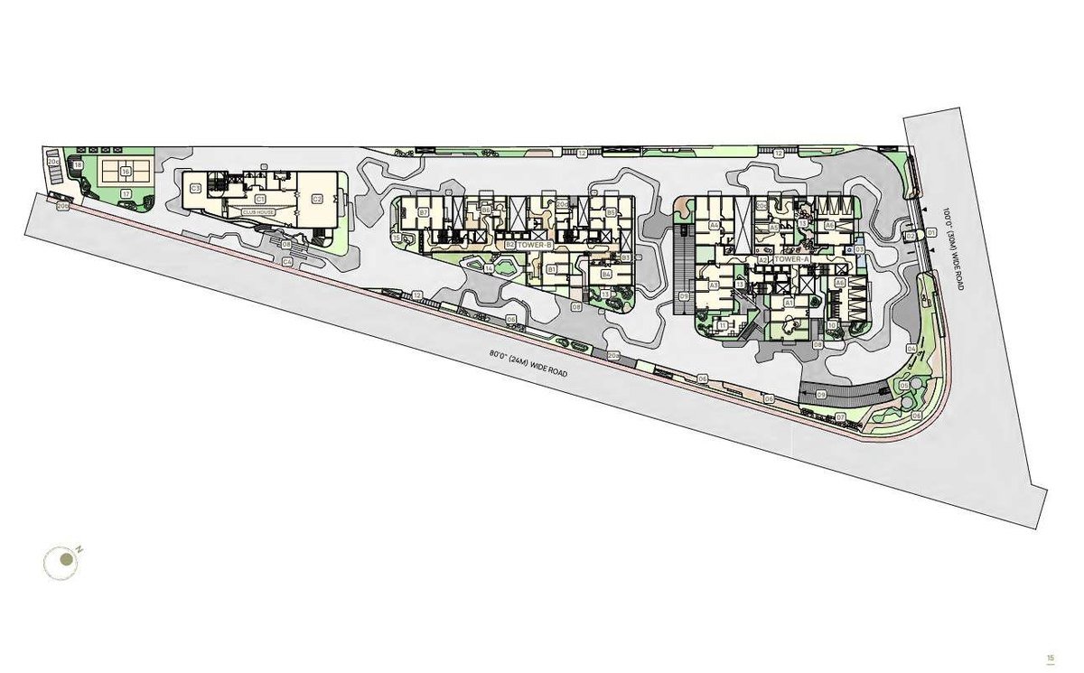 The Myscape Palma landscape master plan showing Tower A and Tower B along the boulevard, the clubhouse to the west, and the podium landscape between them