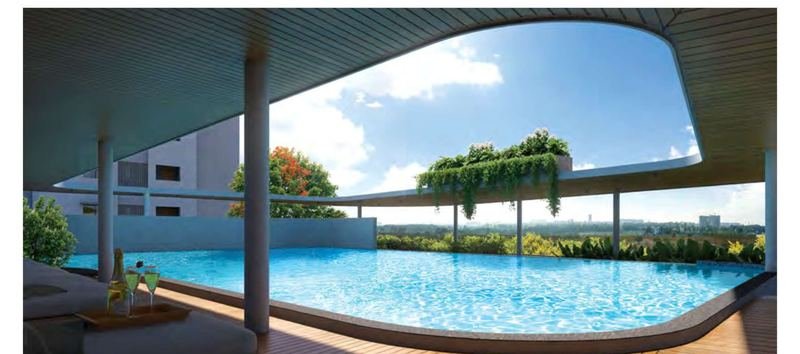 The rooftop swimming pool at Myscape Palma sheltered by a white canopy on slender columns