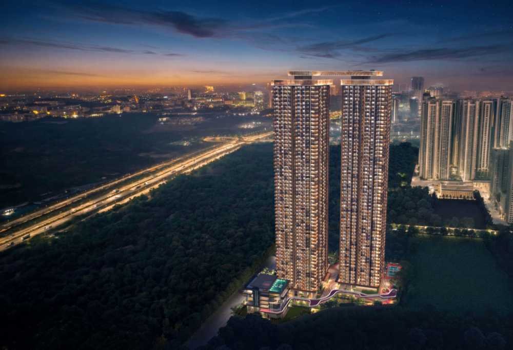 NEO by Yula towers lit at night above the Outer Ring Road at Neopolis, Kokapet, Hyderabad