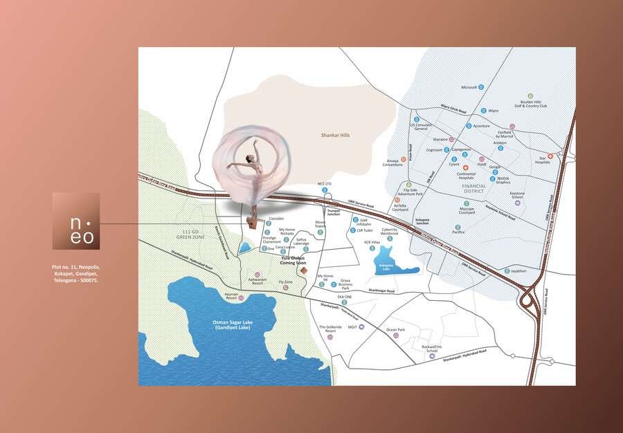 Location map showing NEO by Yula on the ORR service road at Neopolis, Kokapet
