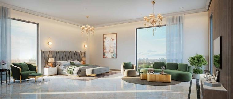 Master suite in a 4 BHK residence at One by MSN, Neopolis, with lounge seating and a city view