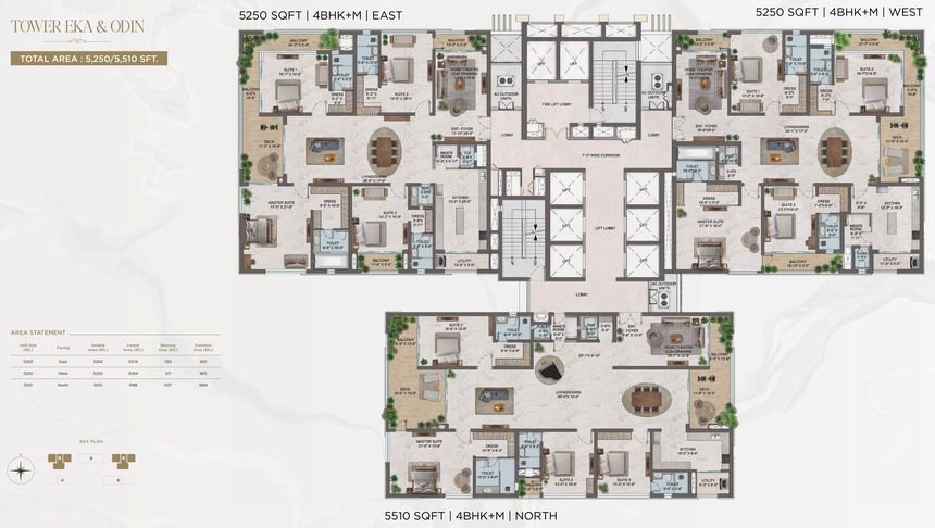 One by MSN typical floor plate for Tower EKA and Tower ODIN, 5,250 / 5,510 sq.ft 4 BHK + M homes at Neopolis