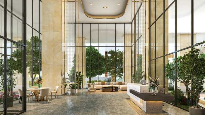 Open-air arrival lobby with landscaping at Sumadhura Palais Royale, Puppalaguda, Financial District Hyderabad