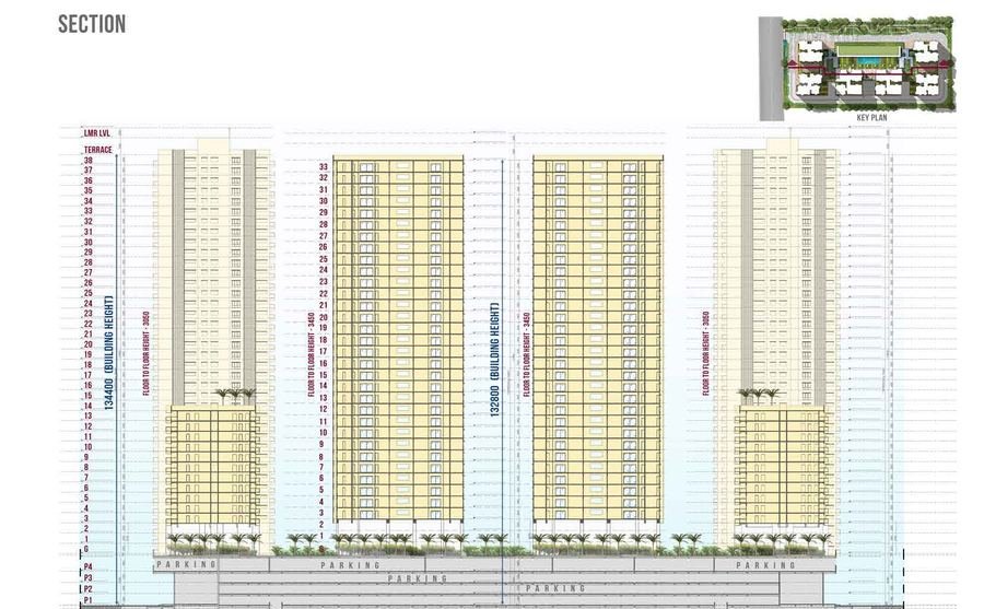 Sectional drawing of Prestige Clairemont showing the 38-floor and 33-floor towers above four podium parking levels and two basements