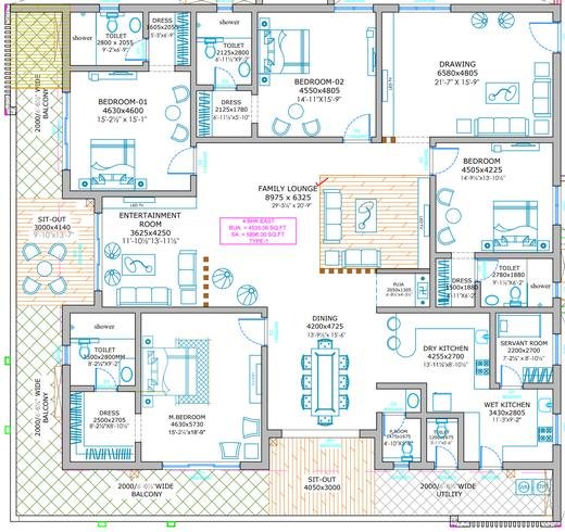 Type I floor plan at Skyven Kokapet, 4 BHK east facing, 5,896 sq.ft saleable