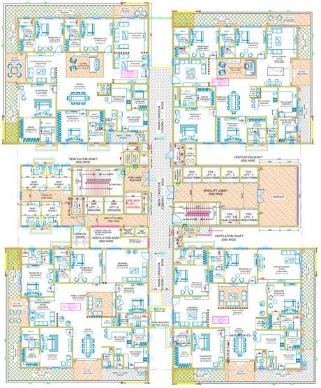 Typical floor plate at Skyven Kokapet showing four homes, six passenger lifts and the outdoor maid room cluster